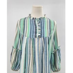 Matta Stripe Ruffle Top Boho Cotton Popover Pleated Blouse L